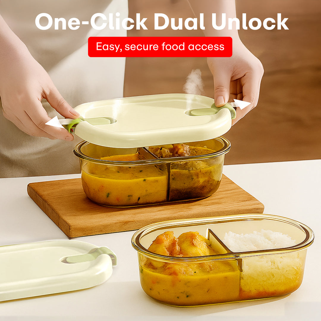 Slim High Borosilicate Glass Microwave Safe Two Compartment Lunch Box Set 750ml