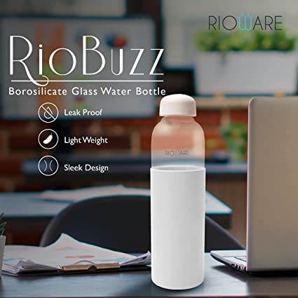 Riobuzz Borosilicate Glass Water Bottle With Silicone Sleeve 550 ml Blue