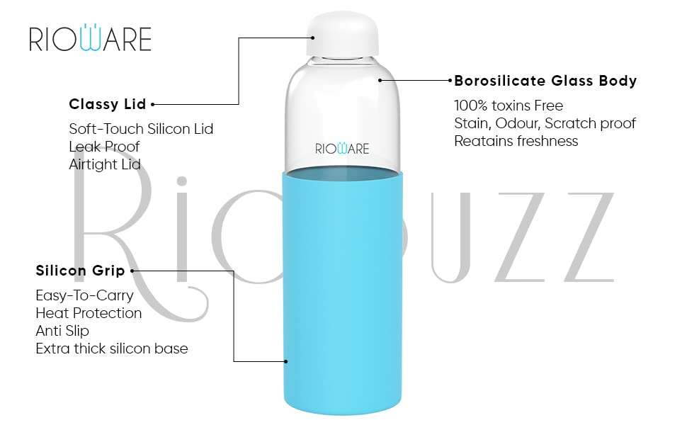 Riobuzz Borosilicate Glass Water Bottle With Silicone Sleeve 550 ml Blue