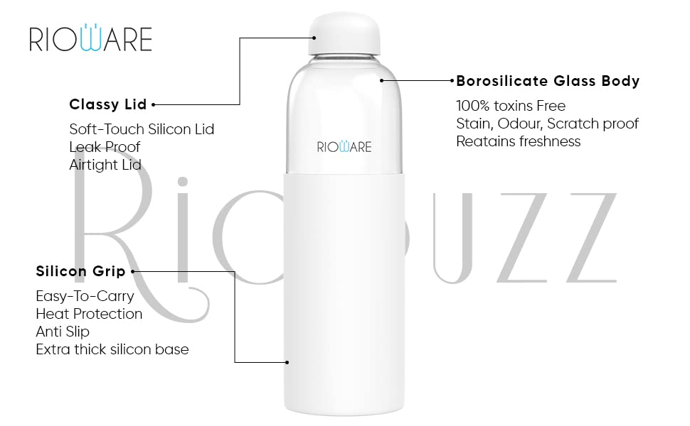 Riobuzz Borosilicate Glass Water Bottle With Silicone Sleeve 550 ml Blue