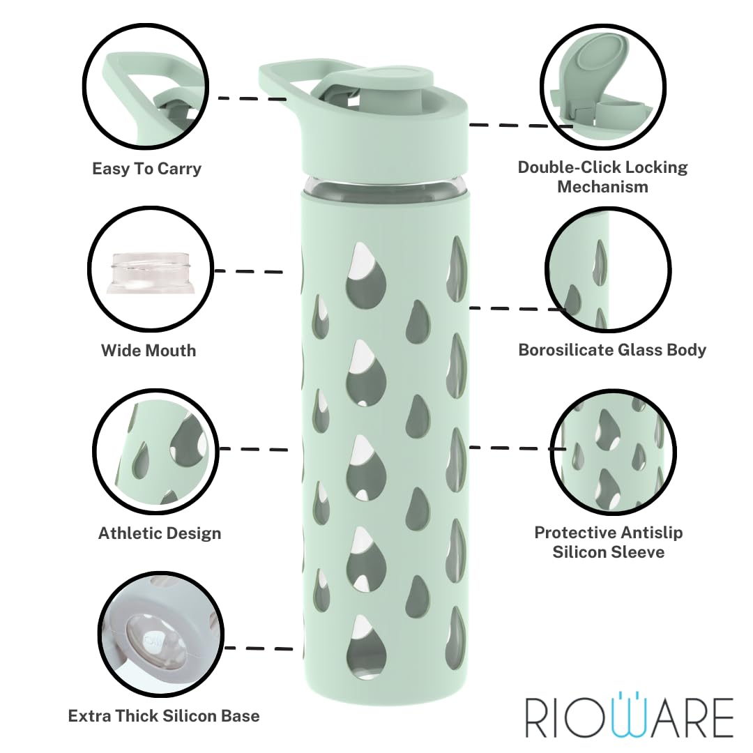 Quicksip Borosilicate Glass Water Bottle with Silicon Sleeve 550ml Green