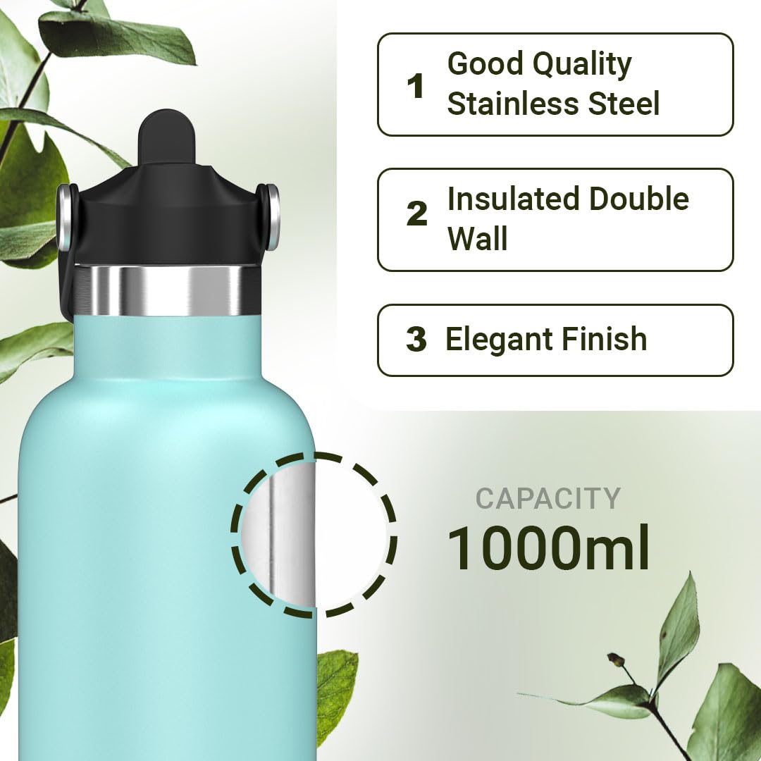 Riotuff Insulated Stainless Steel Leak Proof Water Bottle 24 Hours Hot And Cold  1 Ltr Blue