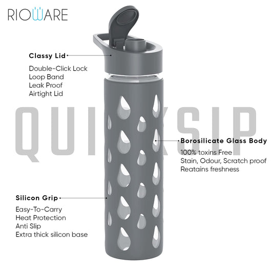Quicksip Borosilicate Glass Water Bottle with Silicon Sleeve 550ml Green