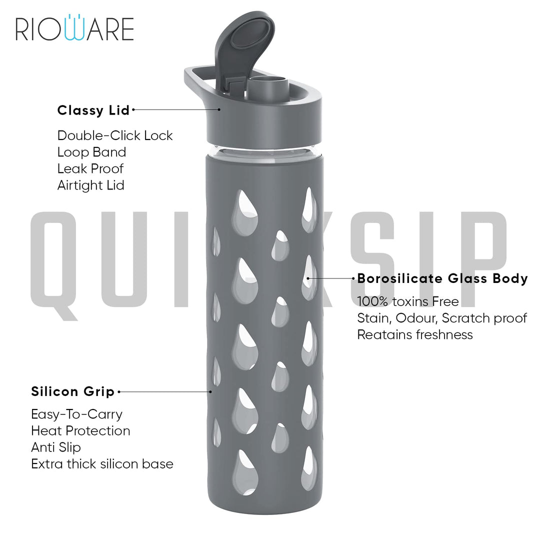 Quicksip Borosilicate Glass Water Bottle with Silicon Sleeve 550ml Green