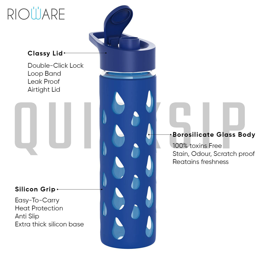 Quicksip Borosilicate Glass Water Bottle with Silicon Sleeve 550ml Green
