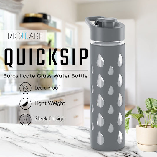 Quicksip Borosilicate Glass Water Bottle with Silicon Sleeve 550ml Green