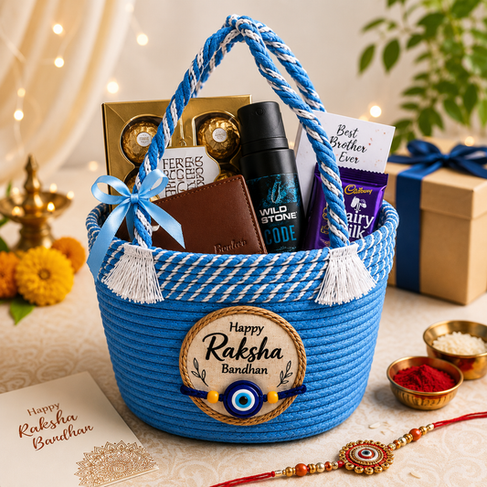 Handcrafted Cotton Rope Rakhi Gift Basket – Blue