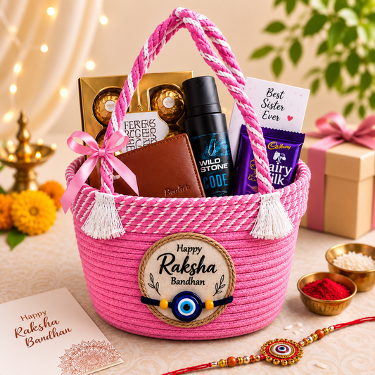Handcrafted Cotton Rope Rakhi Gift Basket – Pink