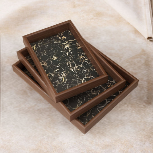 Serving Wooden Trays Black Marble Set of 3