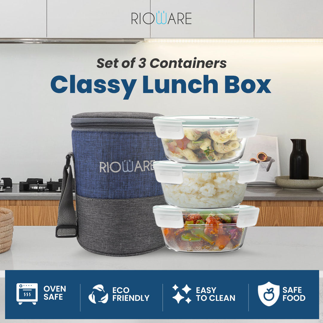 Premium Glass Lunch Box Round Set of 3 400ml each