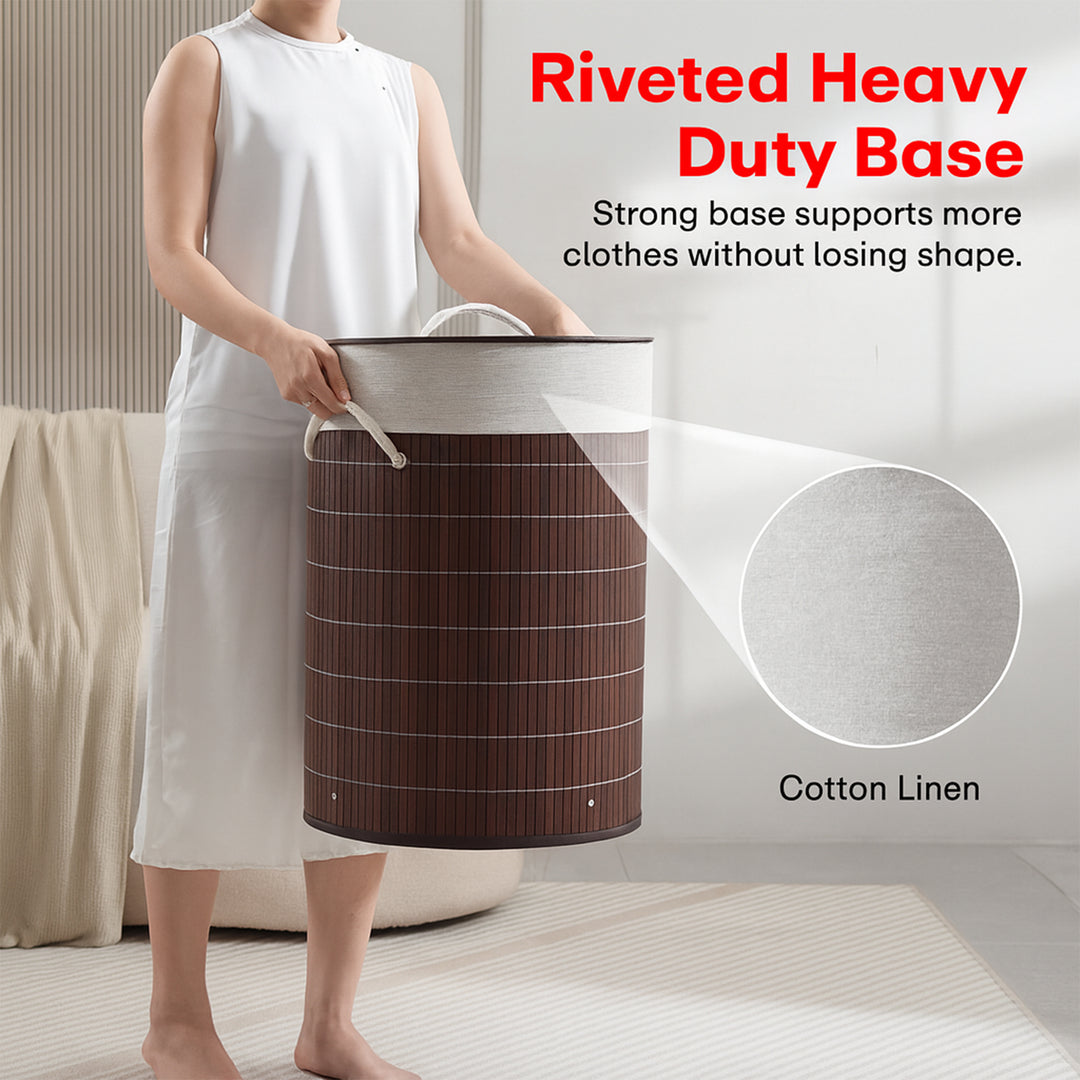 Rioware Bamboo Round Basket for Storage Laundry Basket for Clothes With Lid | Home Organizer Items and Storage | Eco Friendly | Compact and Easy to carry | Home Storage Organizer | Dark Brown