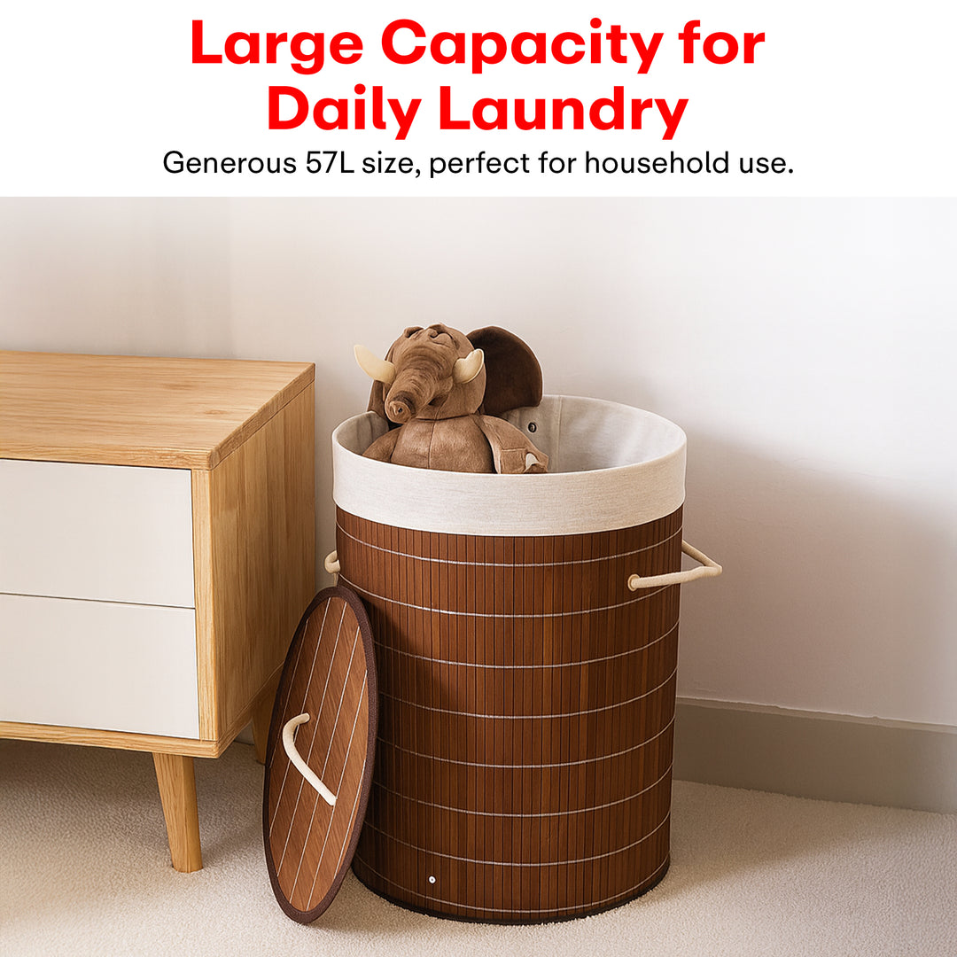 Rioware Bamboo Round Basket for Storage Laundry Basket for Clothes With Lid | Home Organizer Items and Storage | Eco Friendly | Compact and Easy to carry | Home Storage Organizer | Dark Brown