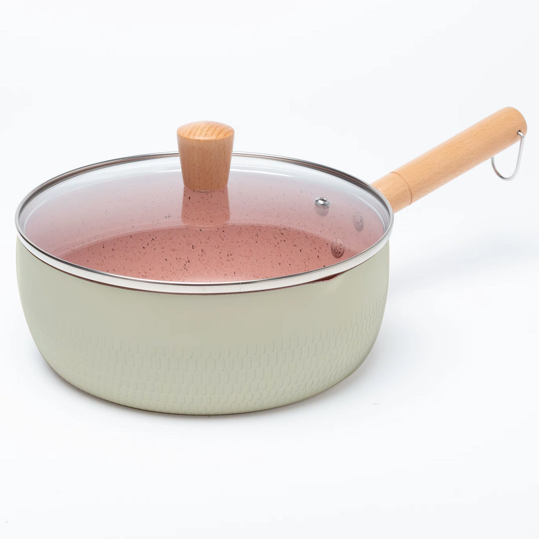 Rioware 20cm (3.1L) Granite Coating Sauce Pan | Nonstick Pan with Glass Lid & Wooden Handle – Compact & Durable | Cooking Pan for Soup, Noodles, Tea, Pasta & Steamed Vegetables (White)