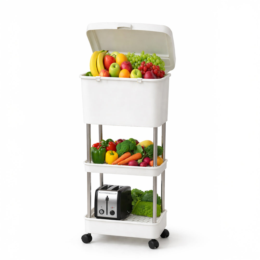 Rioware 3 Tier Slim Storage Trolley with Wheels & Top Lid | Plastic Rolling Organizer Cart for Home, Office, Bedroom, Kitchen, Bathroom, Laundry | Space Saver Plastic Rack