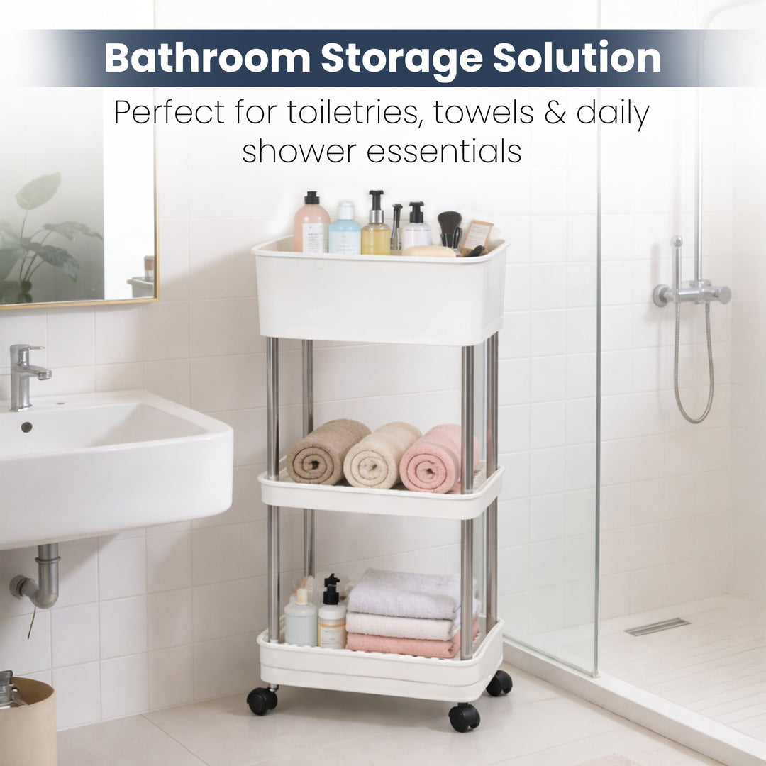 Rioware 3 Tier Slim Storage Trolley with Wheels & Top Lid | Plastic Rolling Organizer Cart for Home, Office, Bedroom, Kitchen, Bathroom, Laundry | Space Saver Plastic Rack