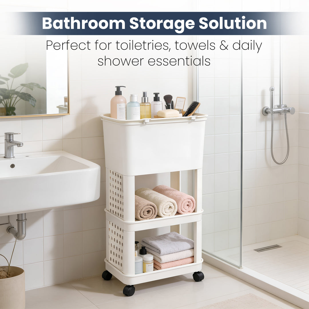 Rioware 3 Tier Slim Storage Trolley with Wheels & Top Lid | Plastic Rolling Organizer Cart for Home, Office, Bedroom, Kitchen, Bathroom, Laundry | Space Saver Plastic Rack