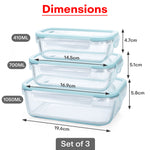 Load image into Gallery viewer, Rioware Borosilicate Glass Containers with Lids, 3 pcs Set,(410 + 700 + 1050) Ml, Kitchen, Microwave, Oven &amp; Freezer Safe, Baking Dish, Rectangle, Baking Tray, Scratch Resistant,

