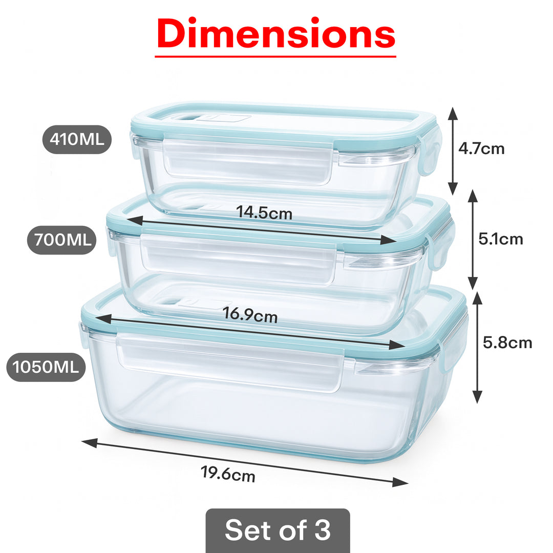 Rioware Borosilicate Glass Containers with Lids, 3 pcs Set,(410 + 700 + 1050) Ml, Kitchen, Microwave, Oven & Freezer Safe, Baking Dish, Rectangle, Baking Tray, Scratch Resistant,