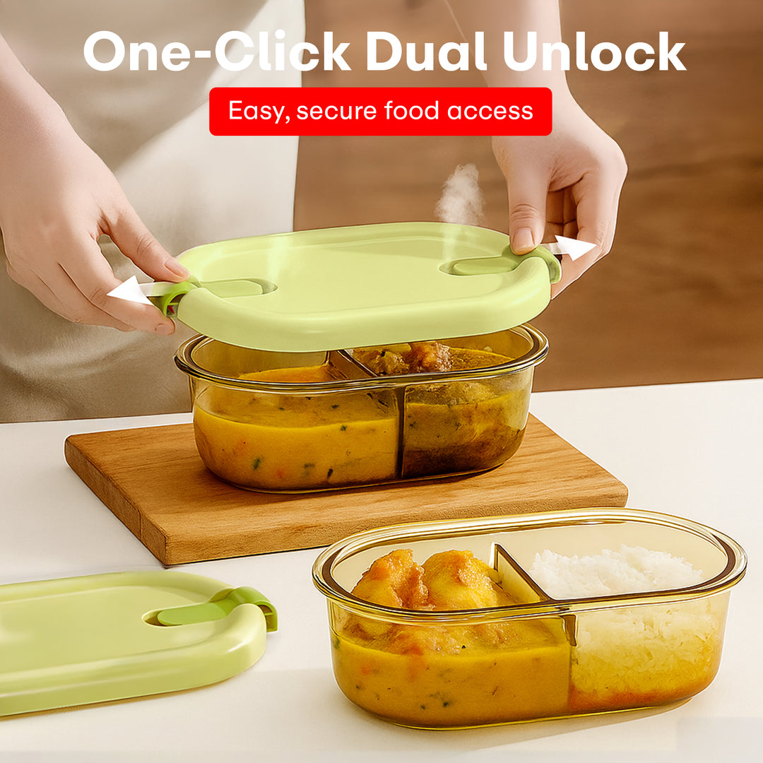 Rioware Slim High Microwave Safe Office Two Compartment Lunch Box Set | Borosilicate Glass | Safety Lock Airtight Tiffin Containers 750ml | Transparent,
