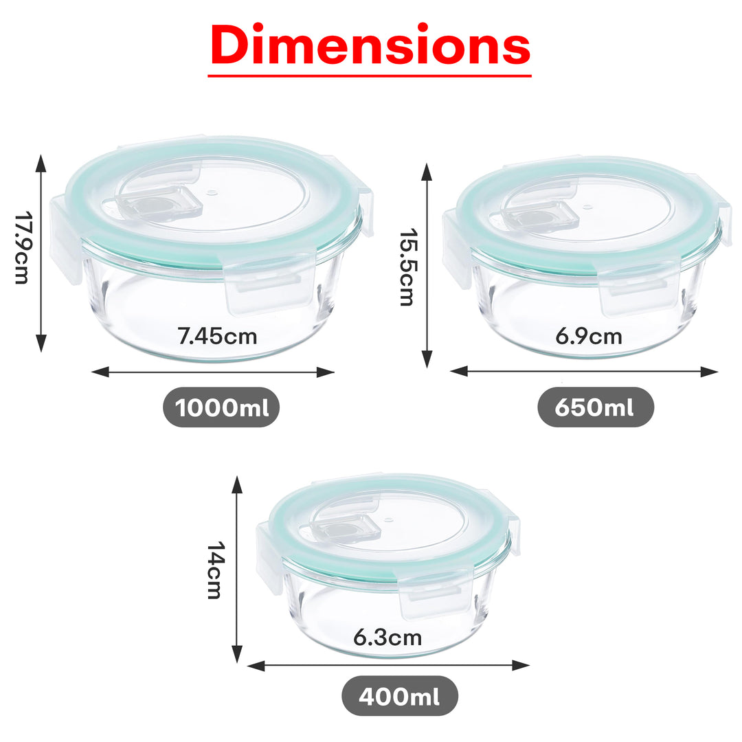 Rioware Borosilicate Glass Containers with Lids, 3 pcs Set, 400ml, 650 ml &1000ml, Kitchen, Microwave, Oven & Freezer Safe, Baking Dish, Rectangle, Baking Tray, Scratch Resistant, round