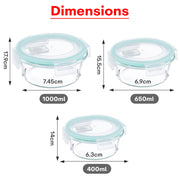 Borosilicate Glass Food Containers Set of 3 400ml, 650 ml & 1000ml
