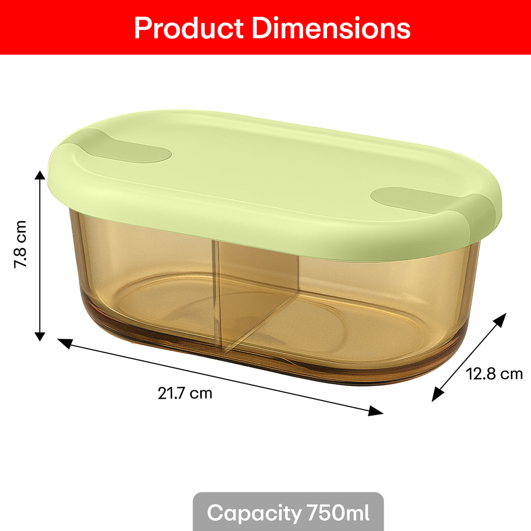 Rioware Slim High Microwave Safe Office Two Compartment Lunch Box Set | Borosilicate Glass | Safety Lock Airtight Tiffin Containers 750ml | Transparent,
