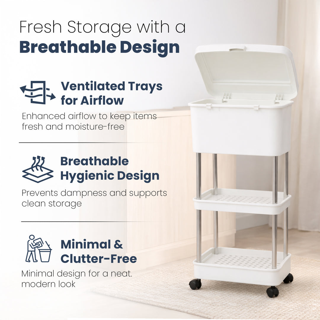 Rioware 3 Tier Slim Storage Trolley with Wheels & Top Lid | Plastic Rolling Organizer Cart for Home, Office, Bedroom, Kitchen, Bathroom, Laundry | Space Saver Plastic Rack