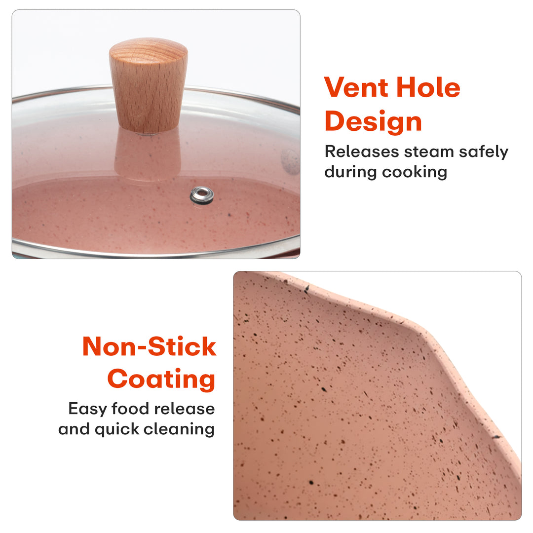 Rioware 20cm (3.1L) Granite Coating Sauce Pan | Nonstick Pan with Glass Lid & Wooden Handle – Compact & Durable | Cooking Pan for Soup, Noodles, Tea, Pasta & Steamed Vegetables (White)