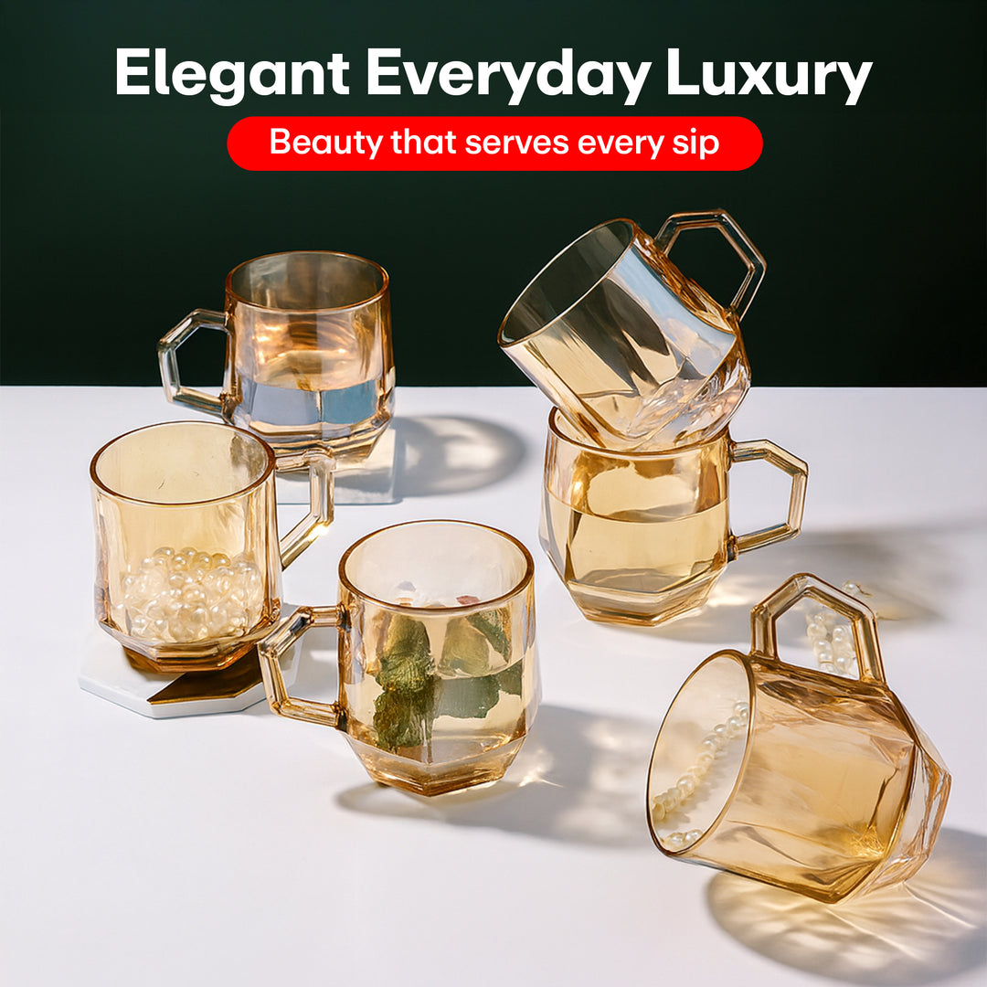 Rioware Clear Round Shaped Glass Coffee Cup, Glassware Tea Cup, Tea Cups for Hot Beverages with Handle, Transparent Glass Tea Cup Set for Coffee, Tea, Milk - 6 Pieces, White, 250 ml