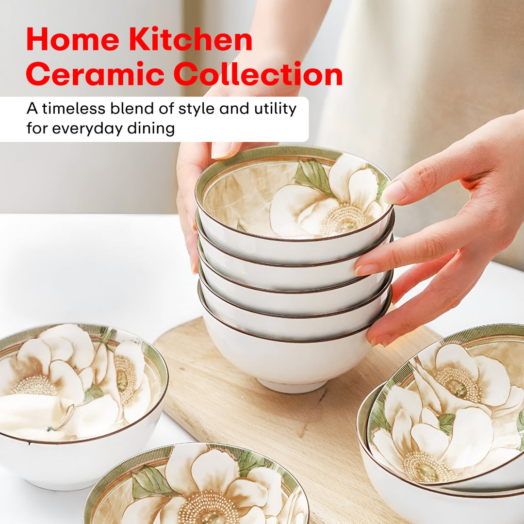 Rioware Ceramic Bowl, Set of 4 | Microwave & Dishwasher Safe| Bowls for Snacks, Fruits, Salad, Desserts BPA & Lead-Free Bowls, 250ml, White & Blue Ocean