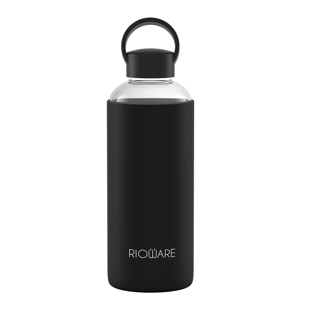 Rioware® Aquashot Borosilicate Glass Water Bottle with Silicon Sleeve (750ml) | Airtight lid | Leak Proof | Silicon Cap | Fridge Water Bottles for Home, Office & Gym -Pack of 01(Black)