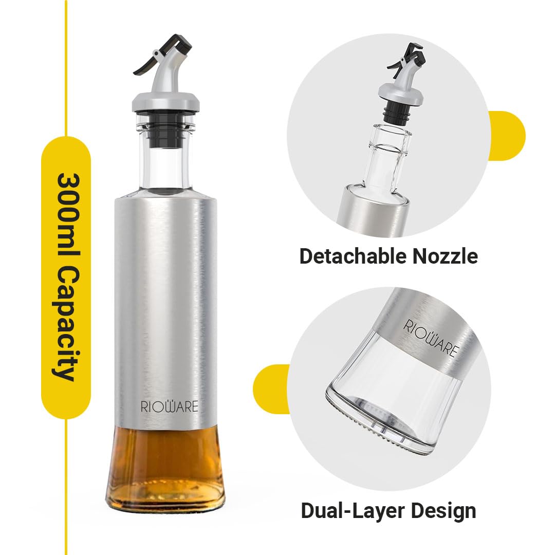 Rioware® Glass Oil Dispenser with Stainless Steel Cover Seasoning Glass Oil Bottle Leakproof Oiler Tank Household Condiment Dispenser 300ml -Pack Of 01