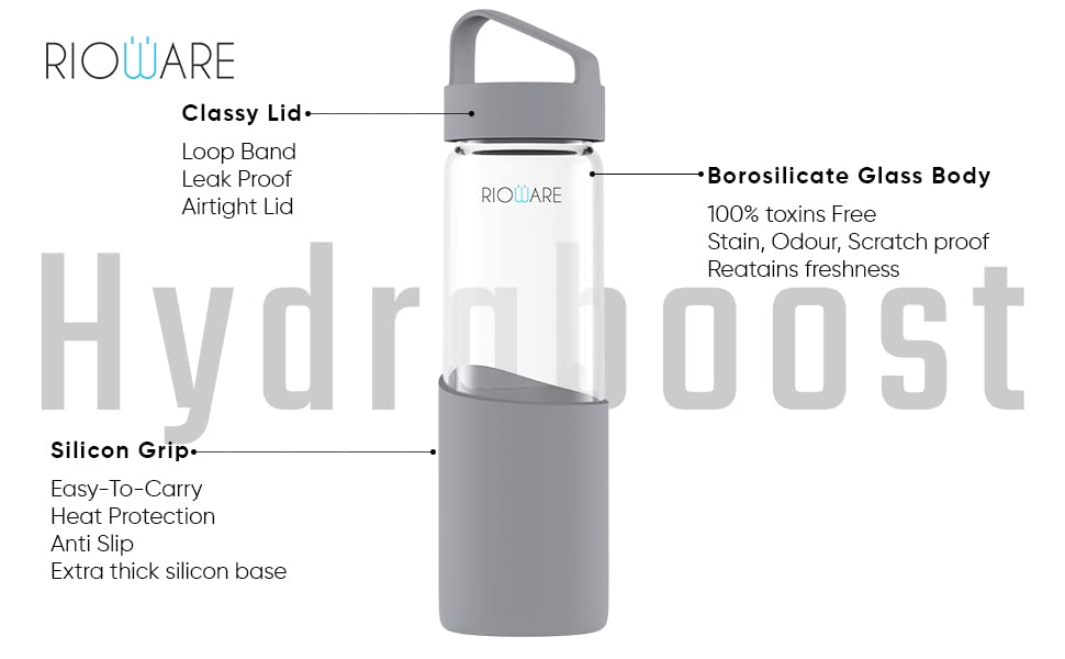 Rioware® Hydraboost Borosilicate Glass Water Bottle with Silicon Sleeve (550ml) | Airtight lid | Leak Proof | Silicon Cap | Fridge Water Bottles for Home, Office & Gym -Pack of 01(Grey)