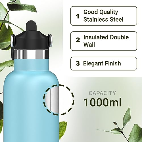 Rioware® Riotuff Insulated Stainless Steel Leak Proof Water Bottle 24 Hours Hot and Cold for School,Office,Gym, Sports, Hiking, Trek, Travel for Men & Women 1Ltr-Blue