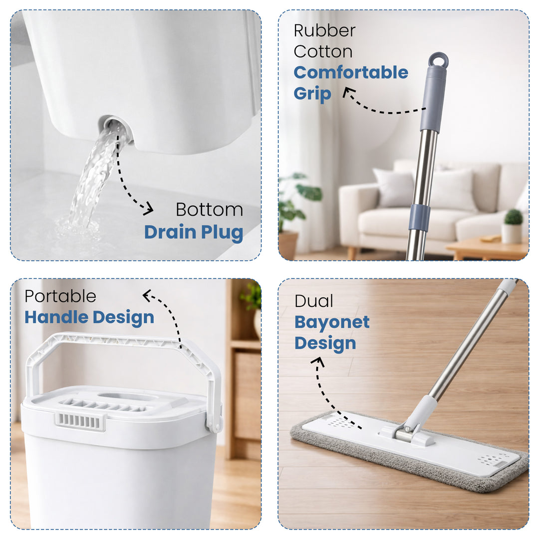 Rioware Flat Mop for Home Cleaning Floor / 360° Rotating Microfiber Mops for Floor Cleaning | Hands-Free Squeeze (White)