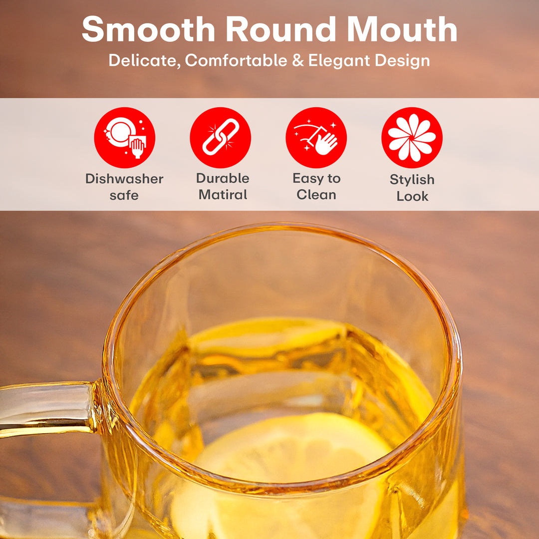Rioware Clear Round Shaped Glass Coffee Cup, Glassware Tea Cup, Tea Cups for Hot Beverages with Handle, Transparent Glass Tea Cup Set for Coffee, Tea, Milk - 6 Pieces, White, 250 ml