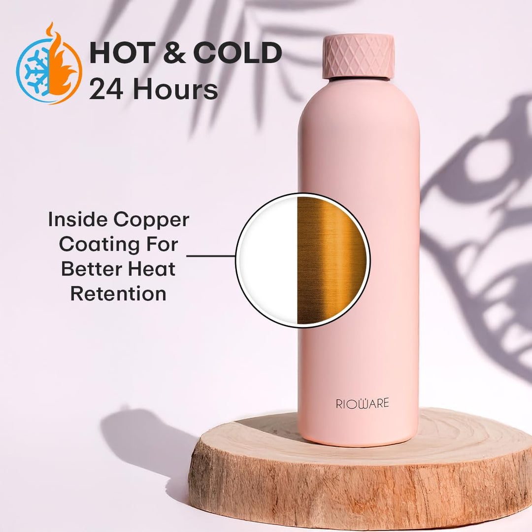 Luxury Insulated Stainless Rubber Coated Steel Water Bottle 24 Hours Hot and Cold - 750ml-Pink New Cap