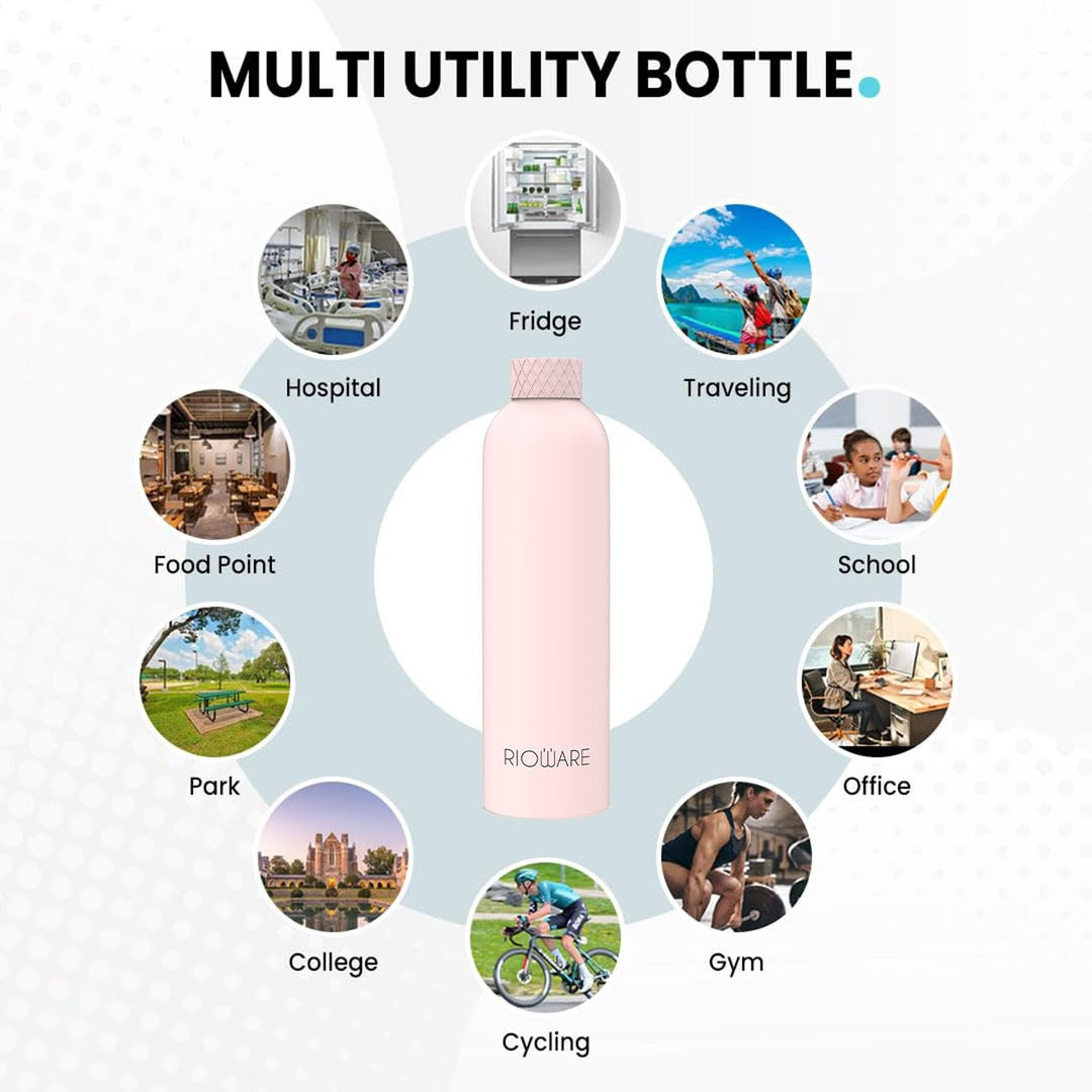 Luxury Insulated Stainless Rubber Coated Steel Water Bottle 24 Hours Hot and Cold - 750ml-Pink New Cap