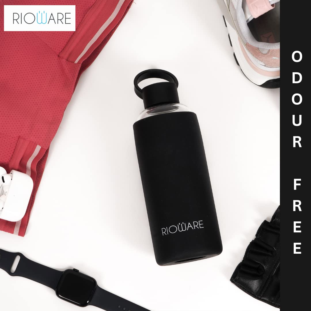 Rioware® Aquashot Borosilicate Glass Water Bottle with Silicon Sleeve (750ml) | Airtight lid | Leak Proof | Silicon Cap | Fridge Water Bottles for Home, Office & Gym -Pack of 01(Black)