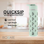 Load image into Gallery viewer, Rioware® Quicksip Borosilicate Glass Water Bottle with Silicon Sleeve (550ml) | Airtight lid | Leak Proof | Silicon Cap | Fridge Water Bottles for Home, Office &amp; Gym -Pack of 01(Green)
