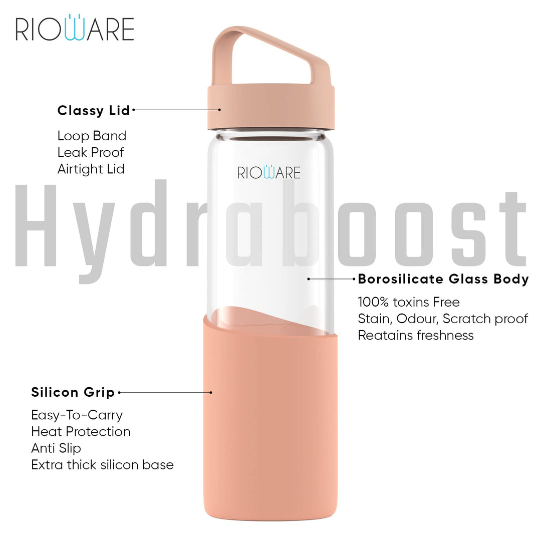 Rioware® Hydraboost Borosilicate Glass Water Bottle with Silicon Sleeve (550ml) | Airtight lid | Leak Proof | Silicon Cap | Fridge Water Bottles for Home, Office & Gym -Pack of 01(Grey)