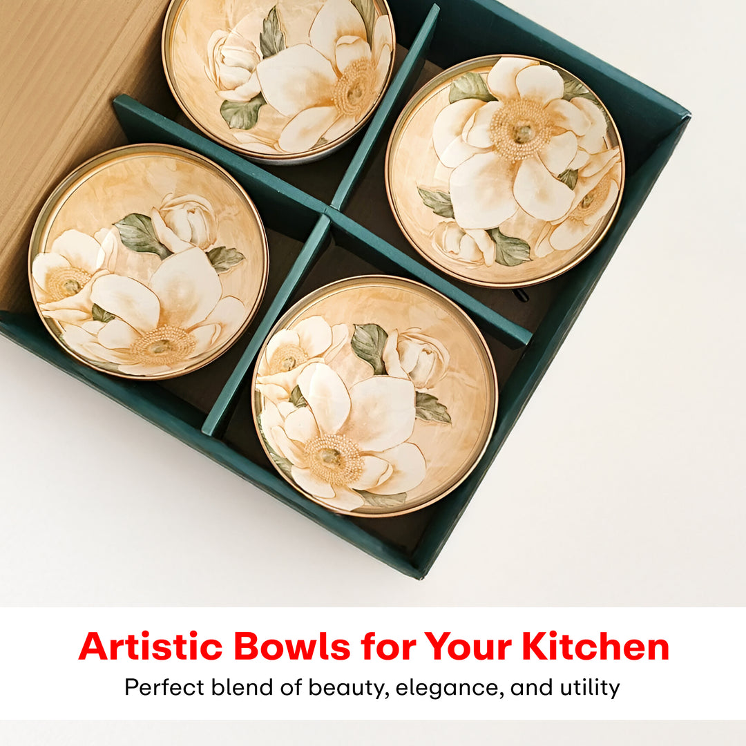 Rioware Ceramic Bowl, Set of 4 | Microwave & Dishwasher Safe| Bowls for Snacks, Fruits, Salad, Desserts BPA & Lead-Free Bowls, 250ml, White & Blue Ocean