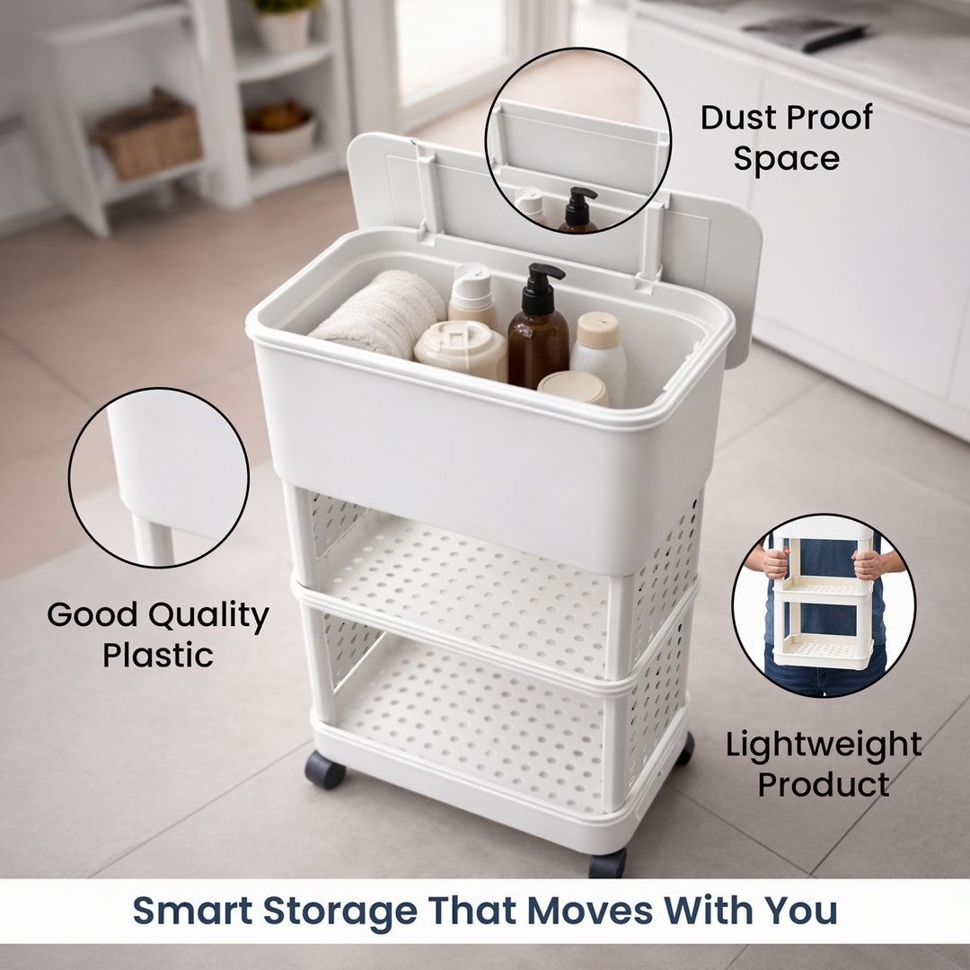 Rioware 3 Tier Slim Storage Trolley with Wheels & Top Lid | Plastic Rolling Organizer Cart for Home, Office, Bedroom, Kitchen, Bathroom, Laundry | Space Saver Plastic Rack
