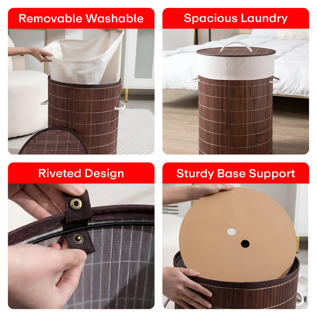 Rioware Bamboo Round Basket for Storage Laundry Basket for Clothes With Lid | Home Organizer Items and Storage | Eco Friendly | Compact and Easy to carry | Home Storage Organizer | Dark Brown