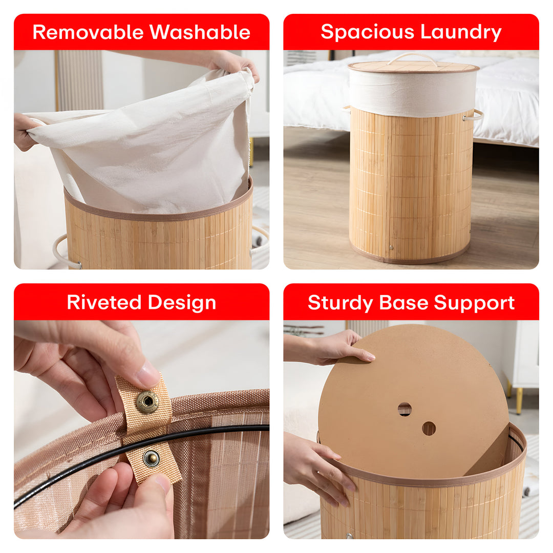 Rioware Bamboo Round Basket for Storage Laundry Basket for Clothes With Lid | Home Organizer Items and Storage | Eco Friendly | Compact and Easy to carry | Home Storage Organizer | Dark Brown