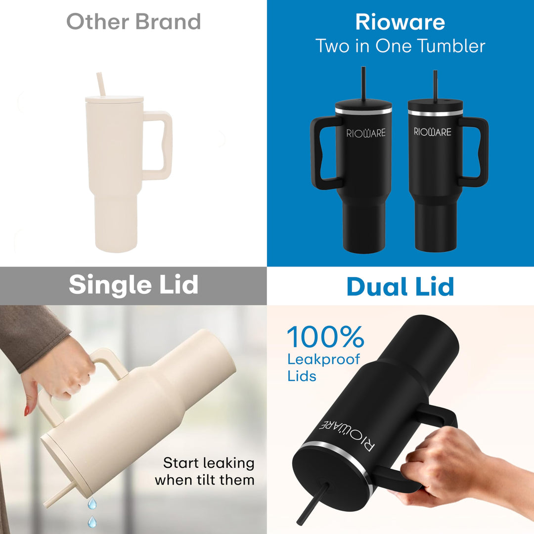 1200 ML Stainless Steel Tumbler Hot and Cold with Handle and 2 Lid and 2 Straw with Silicone Sleeve, Double Insulated Cup 100% Leak Proof Mug Cupholder for Gym, Travelling