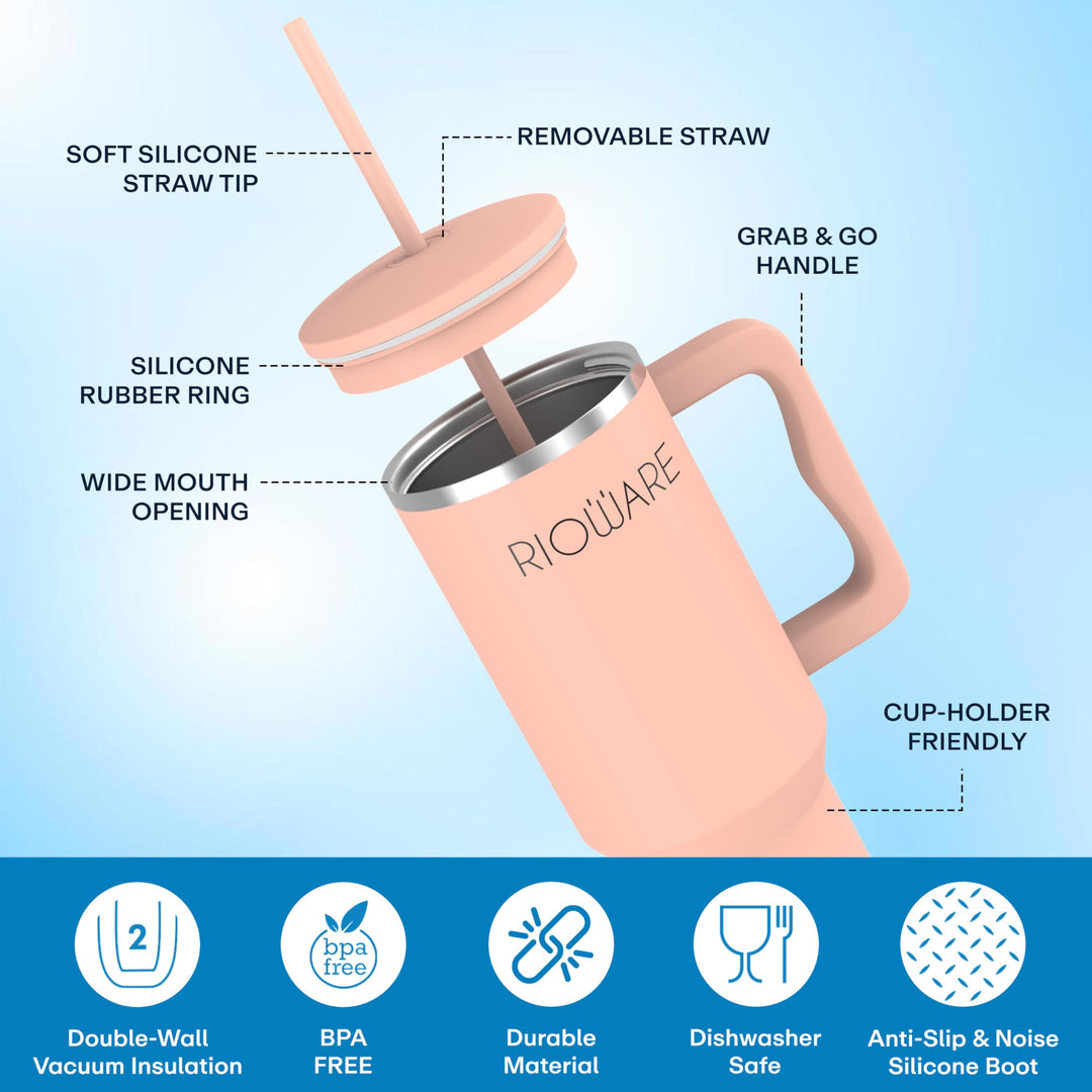 1200 ML Stainless Steel Tumbler Hot and Cold with Handle and 2 Lid and 2 Straw with Silicone Sleeve, Double Insulated Cup 100% Leak Proof Mug Cupholder for Gym, Travelling