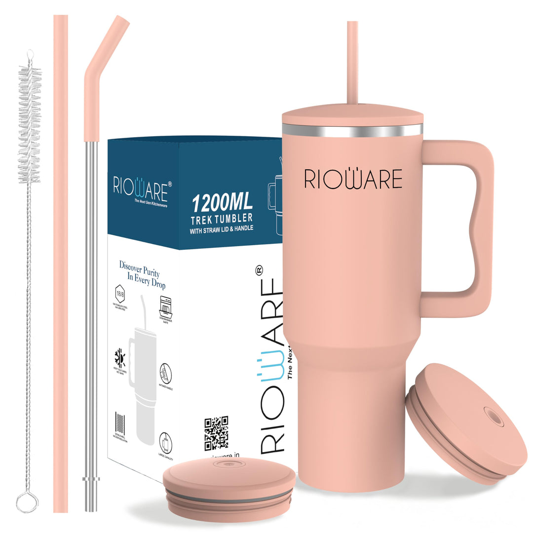 1200 ML Stainless Steel Tumbler Hot and Cold with Handle and 2 Lid and 2 Straw with Silicone Sleeve, Double Insulated Cup 100% Leak Proof Mug Cupholder for Gym, Travelling
