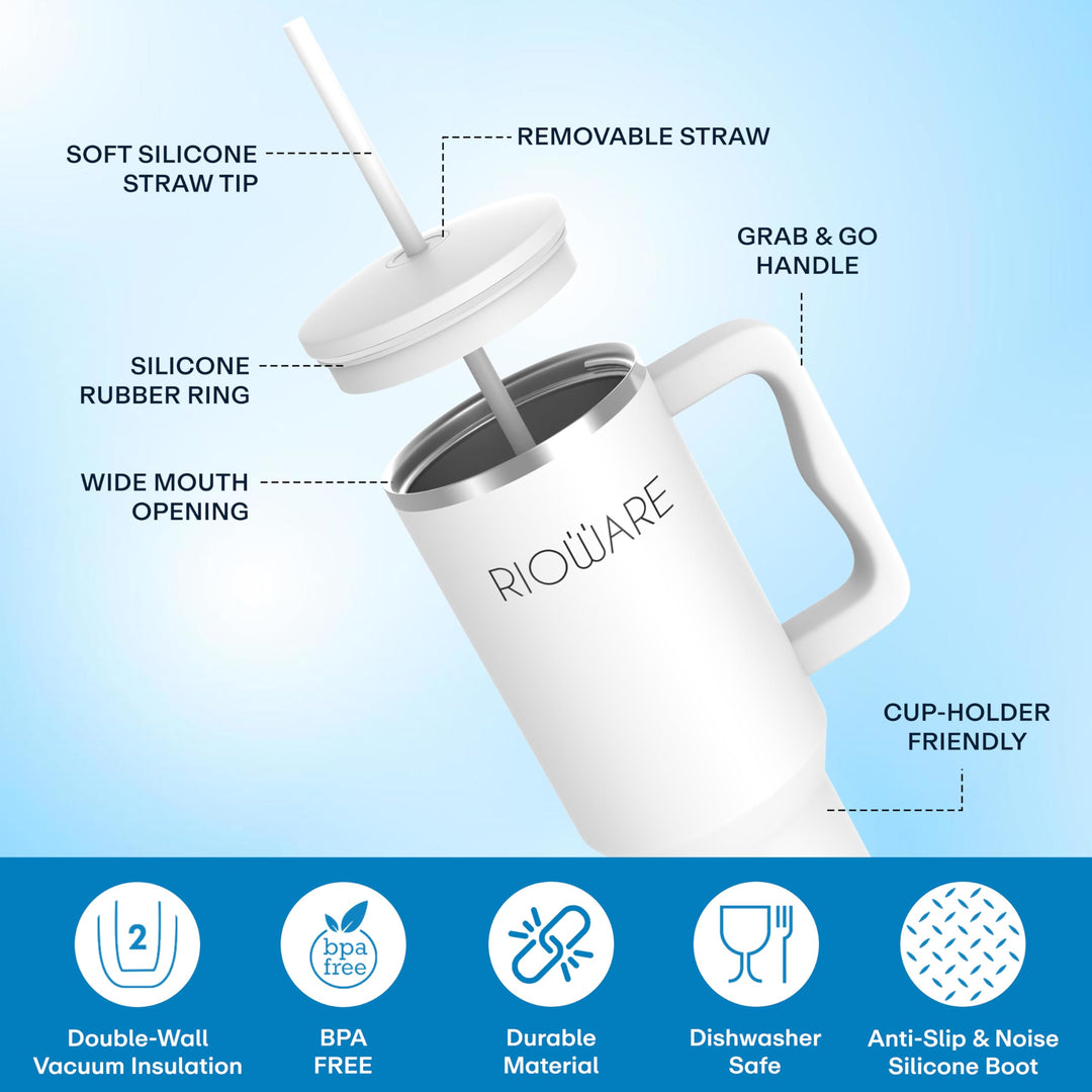1200 ML Stainless Steel Tumbler Hot and Cold with Handle and 2 Lid and 2 Straw with Silicone Sleeve, Double Insulated Cup 100% Leak Proof Mug Cupholder for Gym, Travelling