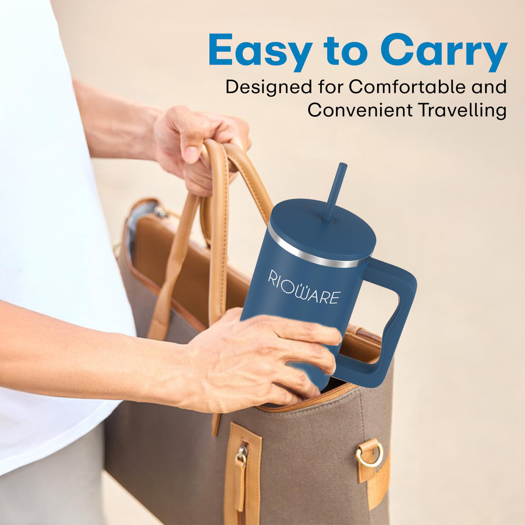 1200 ML Stainless Steel Tumbler Hot and Cold with Handle and 2 Lid and 2 Straw with Silicone Sleeve, Double Insulated Cup 100% Leak Proof Mug Cupholder for Gym, Travelling